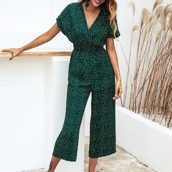 

Women's Loose Short Sleeve Rompers Overalls Summer Deep V-Neck Wide Leg Ladies Jumpsuit 2020 Casual Dot Print Female Jumpsuits