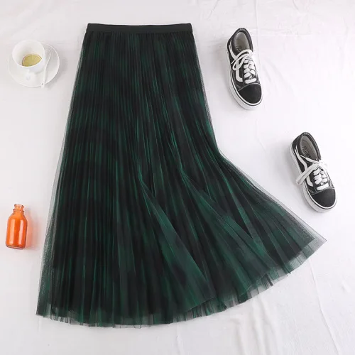 green plaid Новая осенне-зимняя винтажная юбка с принтом, Женская Элегантная двухслойная сетчатая клетчатая юбка, трапециевидная плиссированная длинная юбка с высокой талией 955 - Цвет: green plaid