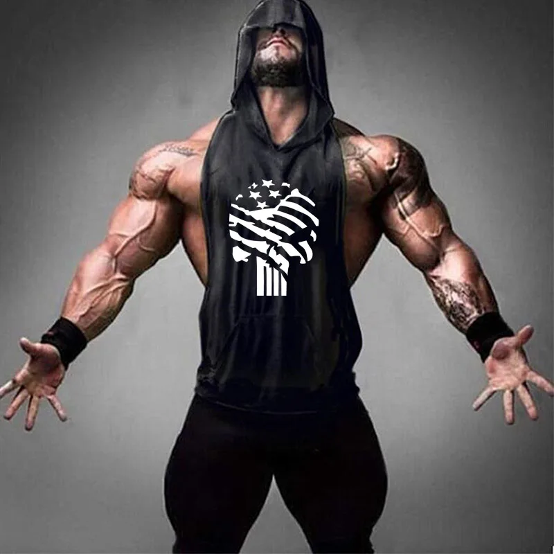 Skull Printing Bodybuilding Hooded Tank Tops men Gyms Stringer Shirt Fitness Tank Top Men Gyms Clothing Cotton Vest Shipping - Цвет: 021