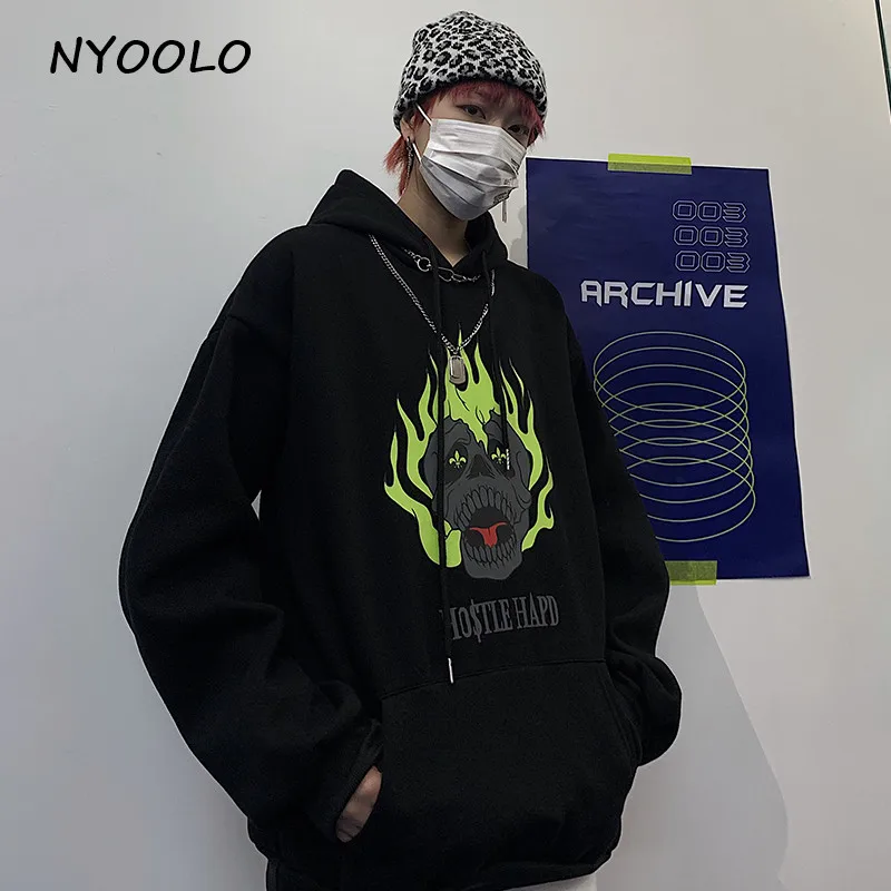 NYOOLO Harajuku уличная флуоресцентная Пламя Череп печати плюс бархат теплые толстовки осень зима пуловер с капюшоном Толстовка для женщин и мужчин