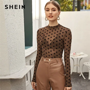 

SHEIN Stand Collar Brown All Over Geometric Print Top Without Bra Women Spring Long Sleeve Mesh Ladies Stretchy Sexy T-shirts