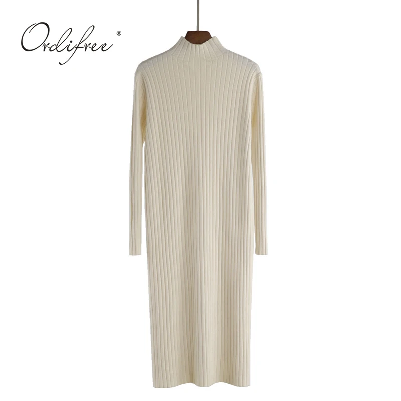 Ordifree Autumn Winter Women Knitted Dress Long Sleeve Casual Loose Warm Thick Soft Turtleneck Sweater Dress