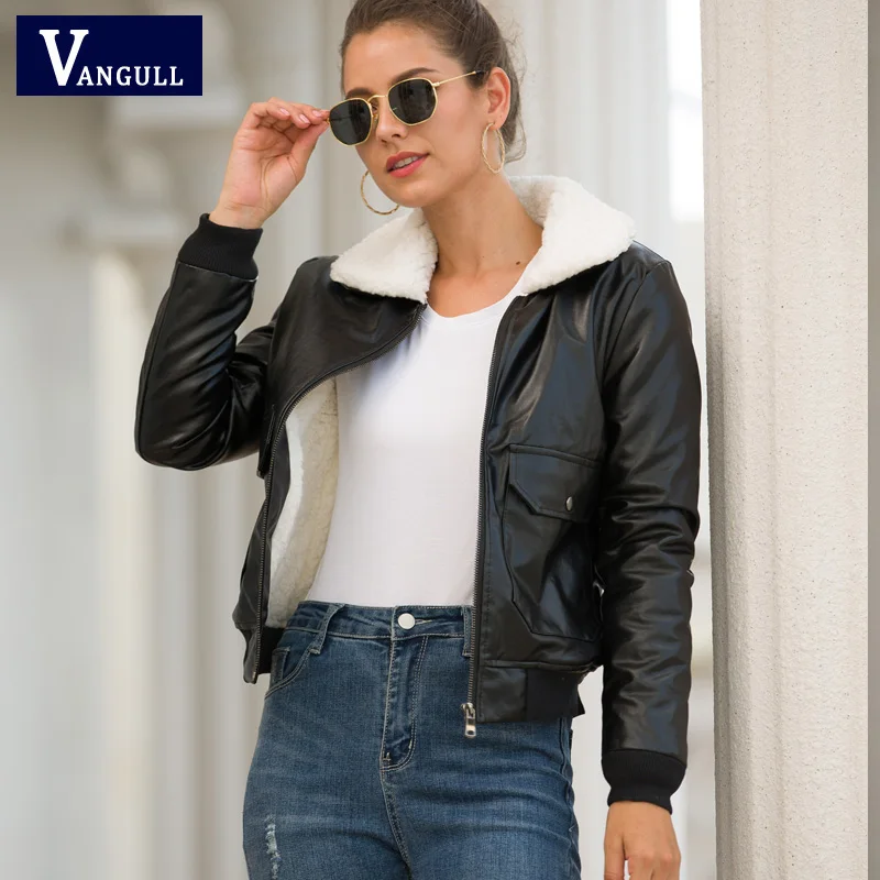

Vangull Winter Women Pu Leather Coat Turn-Down Collar Zipper Warm Jacket Autumn New Casual Imitation Fur Leather Coat Outwear