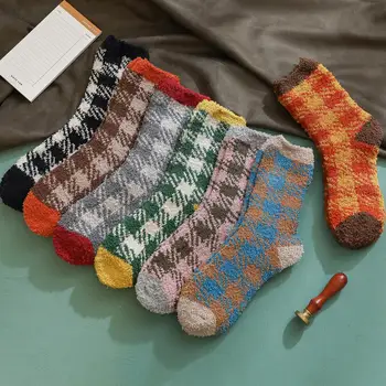 

High Elastic Home Women Girls Soft Bed Floor Socks Fluffy Warm Winter Breathable Pure Various Men Plaid Colors Available Sock