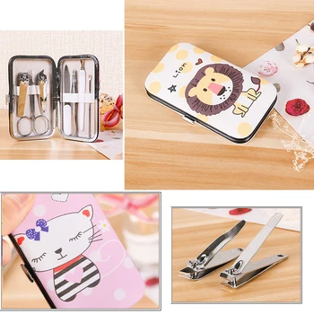 

Y&W&F 7Pcs/Set Stainless Steel Glossy Cute Cartoon Printed Nail Clip Set Pro Nail Care Set Travel Portable Personal Care