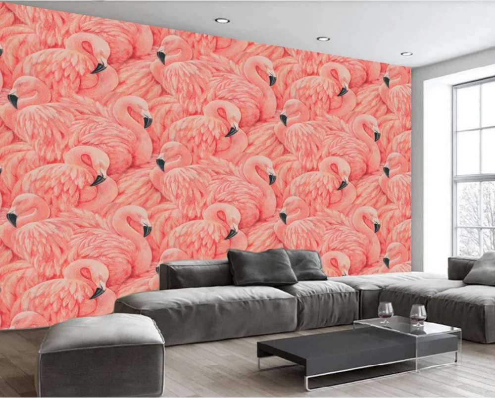 

Hand-painted red flamingo European mural background wall-professional custom wallpaper