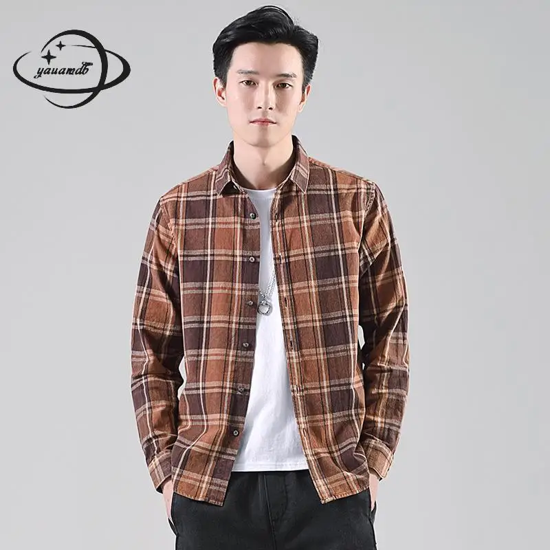 

Mens Shirts Spring Autumn Male Long Sleeve Open Stitch Square Collar Plaid Pure Cotton Slim Casual Man Clothes H64