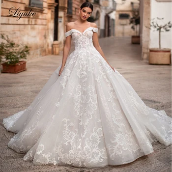 

Liyuke Stunning Lace A Line Wedding Dress With Gorgeous Off The Shoulder Wedding Gown Court Train