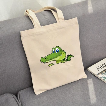 

Kawaii Animal Cartoon Dinosaur Print Canvas Bag Large Closure Unisex Tote Bags Shopping Bag Shoulder Bag Reuse Foldable