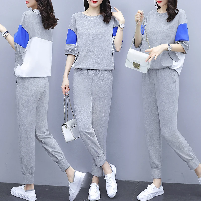 

Spring and summer new han edition bigger sizes fashion two-piece show thin leg pants sports leisure loose suit female tide