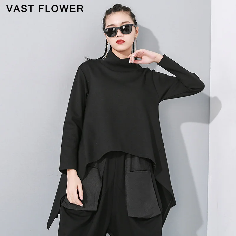 

Black Asymmetrical Sweatshirt Women Turtleneck Long Sleeve Pullover Pockets 2021 New Spring Autumn Fashion Casual Loose Clothes