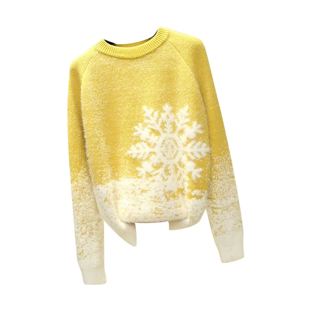 Women O-Neck Merry Christmas Snowflake Print Thick Knitted Sweater Pullover Tops кофта женская