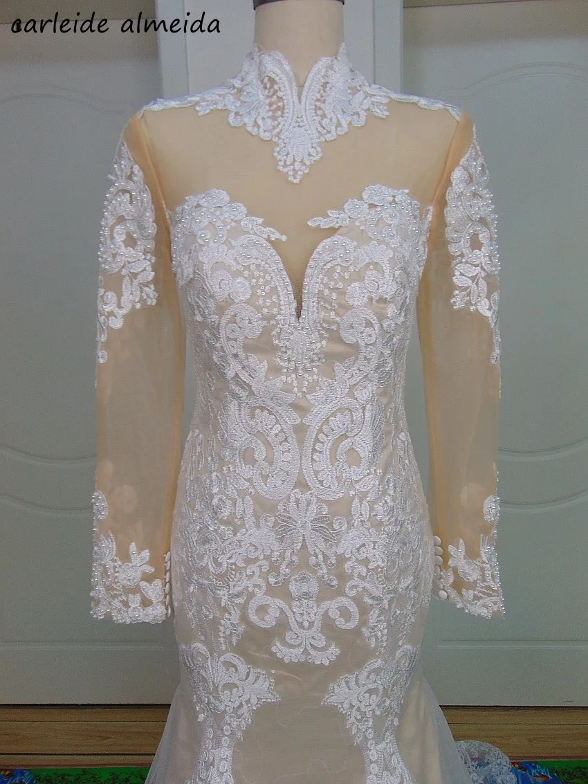 Vestido de noiva, свадебное платье с длинным рукавом, Русалка,, высокая горловина, Кружевная аппликация, Trouwjurk