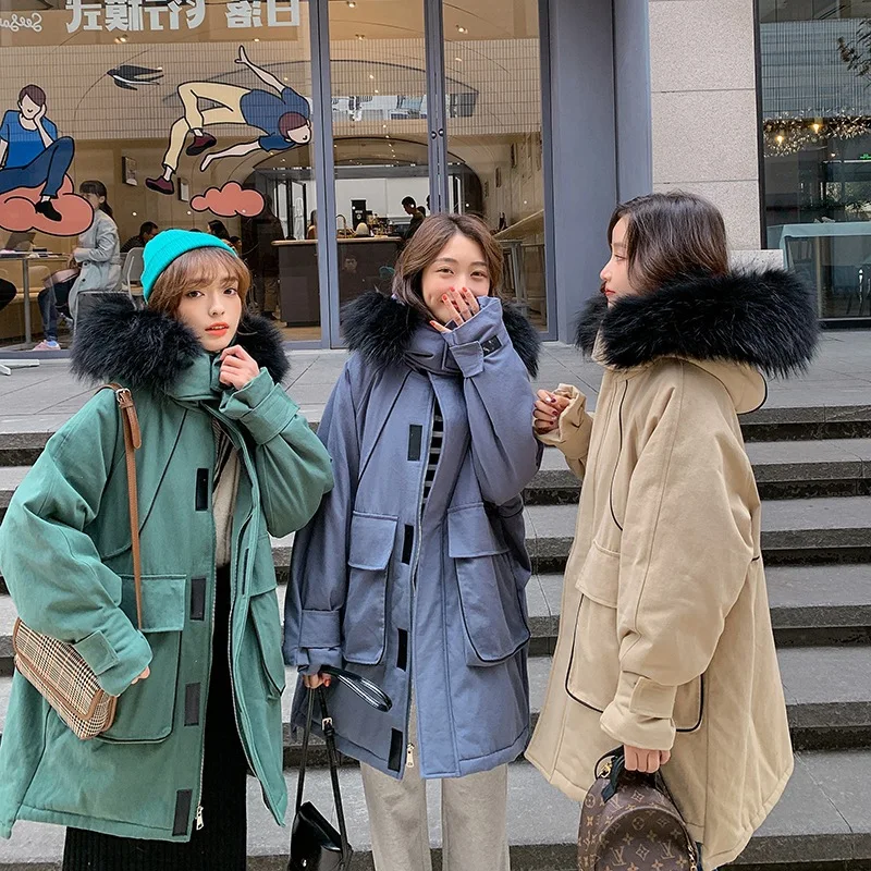 

Photo Shoot Main Push Kaki Contrast Color Open Wire Mid-length Hooded Large Fur Collar Velcro Best Friend Workwear Cotton Coat C