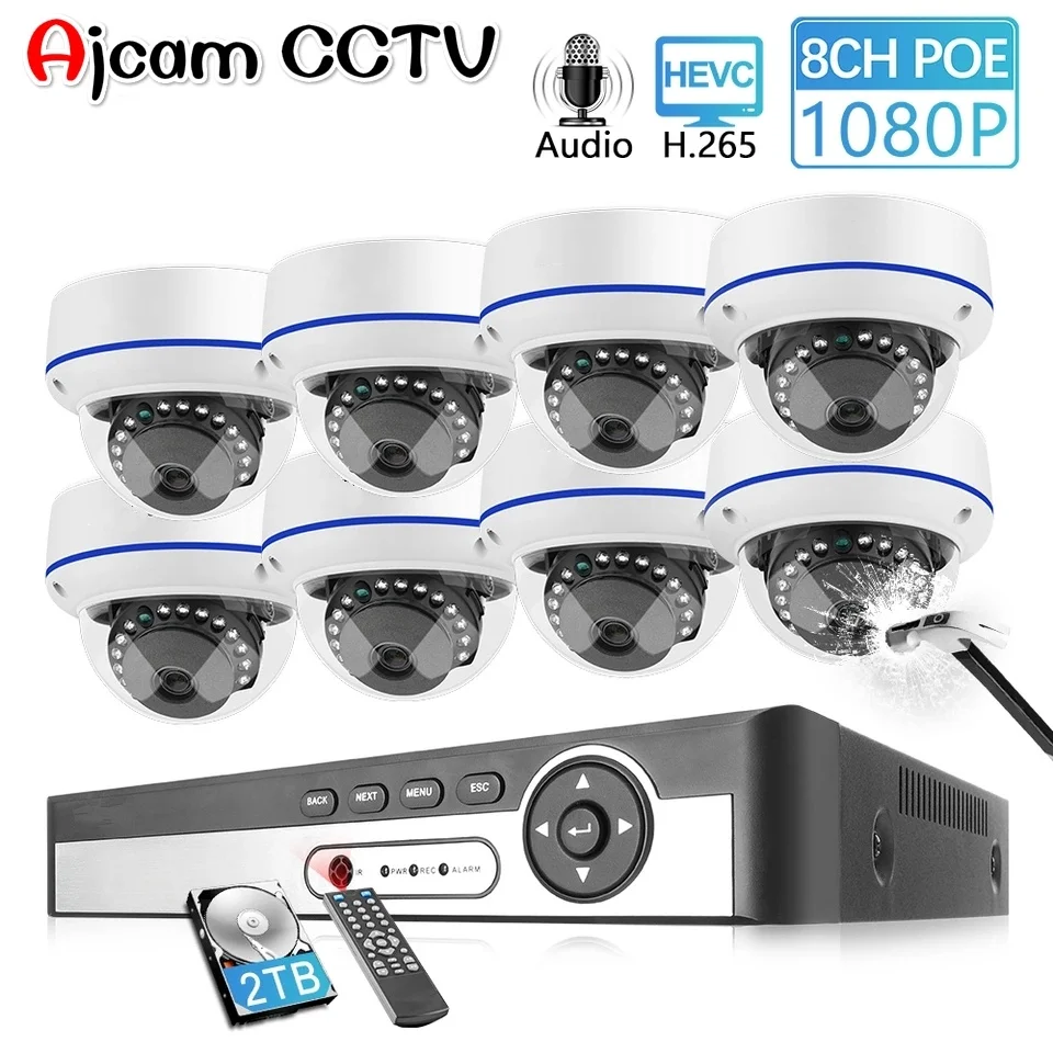 AJCAM CCTV 8CH 1080P POE NVR комплект камеры безопасности система внутренней записи звука IP