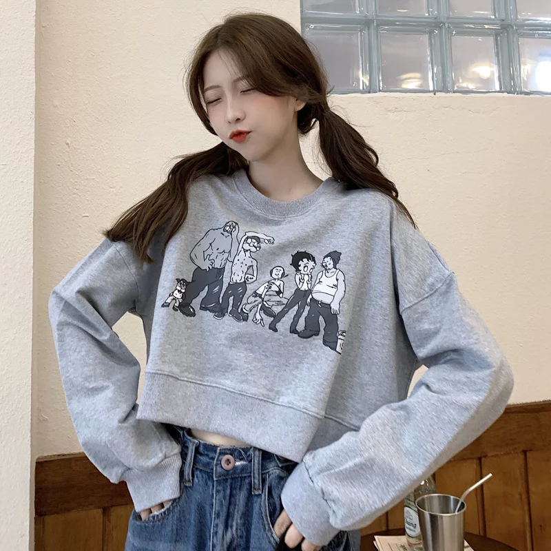 European and American Hiphop Short Sweater Women's Spring Autumn Thin Loose Bf Style Bare Midriff High Waist Early Kio | Женская