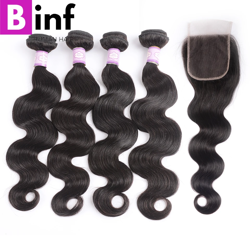 

BINF Hair 4 Bundles Malaysian Body Wave Hair With Closure 100% Human Hair Extensions Non Remy Hair Natural Color Free Shipping