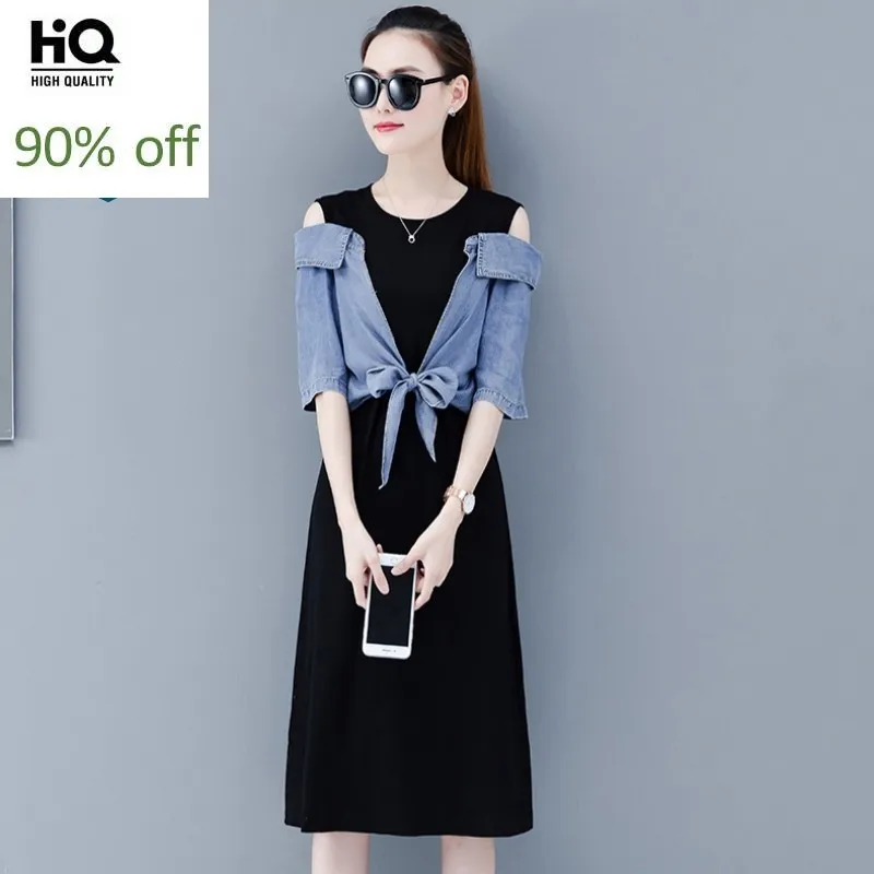 2020 Летний Новый соединенный внакрой деним платье женское из двух частей средней