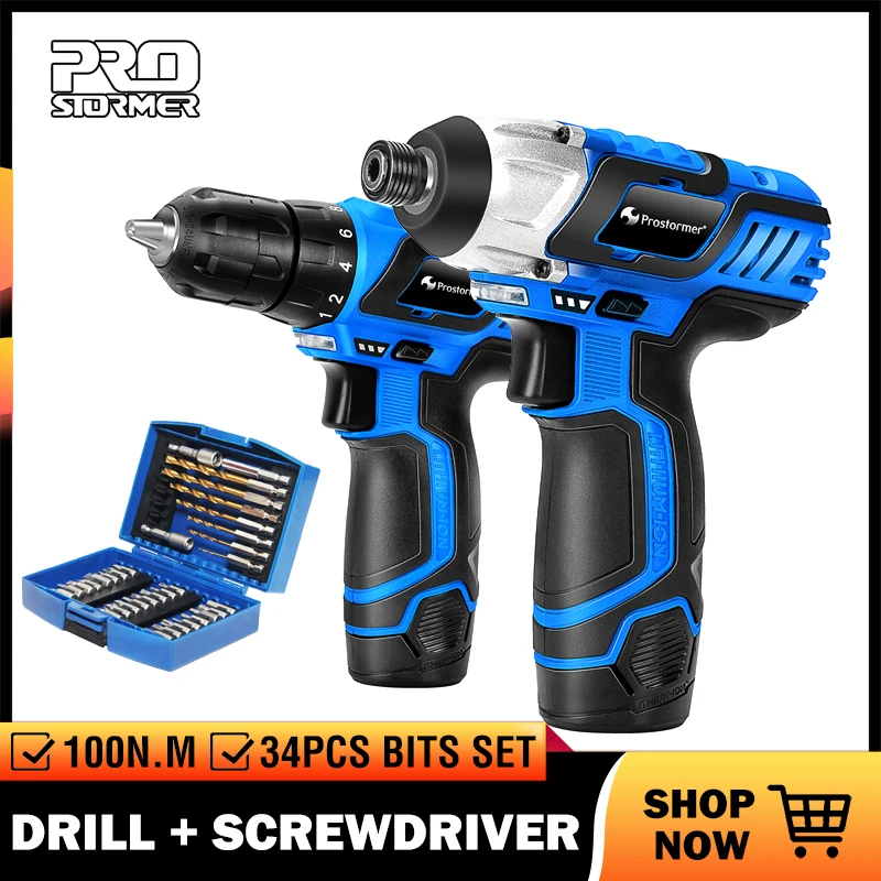 

PROSTORMER 12V Electric Cordless Screwdriver Drill 100NM Torque Electric Drilling Machine Mini Hand Drill Wireless Power Tool