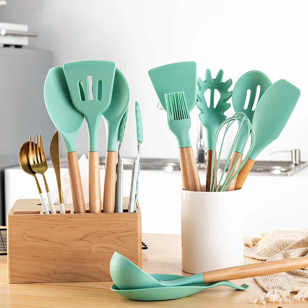 Mint Green Kitchen Utensil Non-Stick Wood Handle Cooking Premium Silicone Material Spatula Spoon Home Supplies | Дом и сад