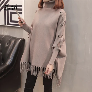 

Women Fashion Loose Cloak Sweater 2020 Autumn And Winter Turtleneck Warm Tassel Batwing Sleeve Bow Tie Poncho Pullovers