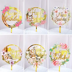 New Happy Birthday Cake Topper Colored Flowers Golden Acrylic Toppers Birthday Cake Dessert Decorations Home Baking Supplies