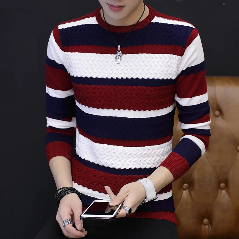 Online Jersey de cuello redondo de otoño para hombre, Jersey Delgado a juego con personalidad de color rayado, suéter de fondo ajustado de alta elasticidad