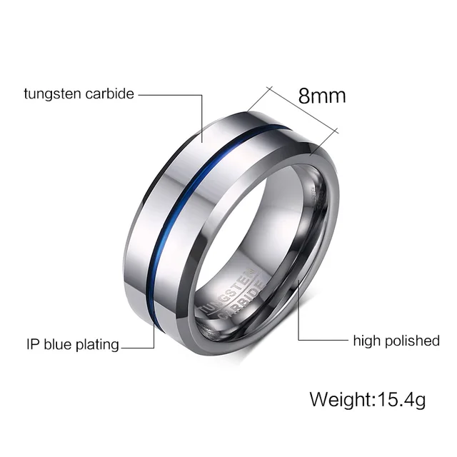 Newshe Men's Wedding Band Tungsten Rings Groove Ring Carbide Blue Line 8mm Size 7-13 Fashionable Jewelry Valentines Gift 4