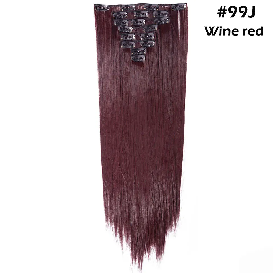 wine red Snoilite 47 цветов 18 клипов длинные прямые заколки для наращивания волос 22 дюймов 26 дюймов волосы удлиняющие синтетические набор волос для женщин - Цвет: wine red