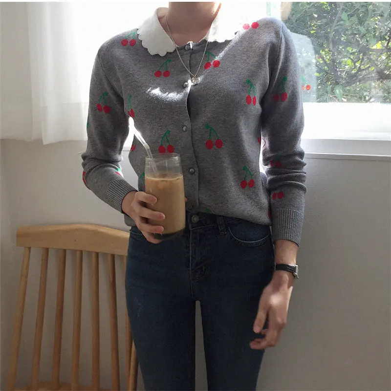 

Alien Kitty New Women Patchwork Cherries Sweet Stylish Color-Hit 2019 Peter Pan Collar Casual Knitted Loose All Match Sweaters