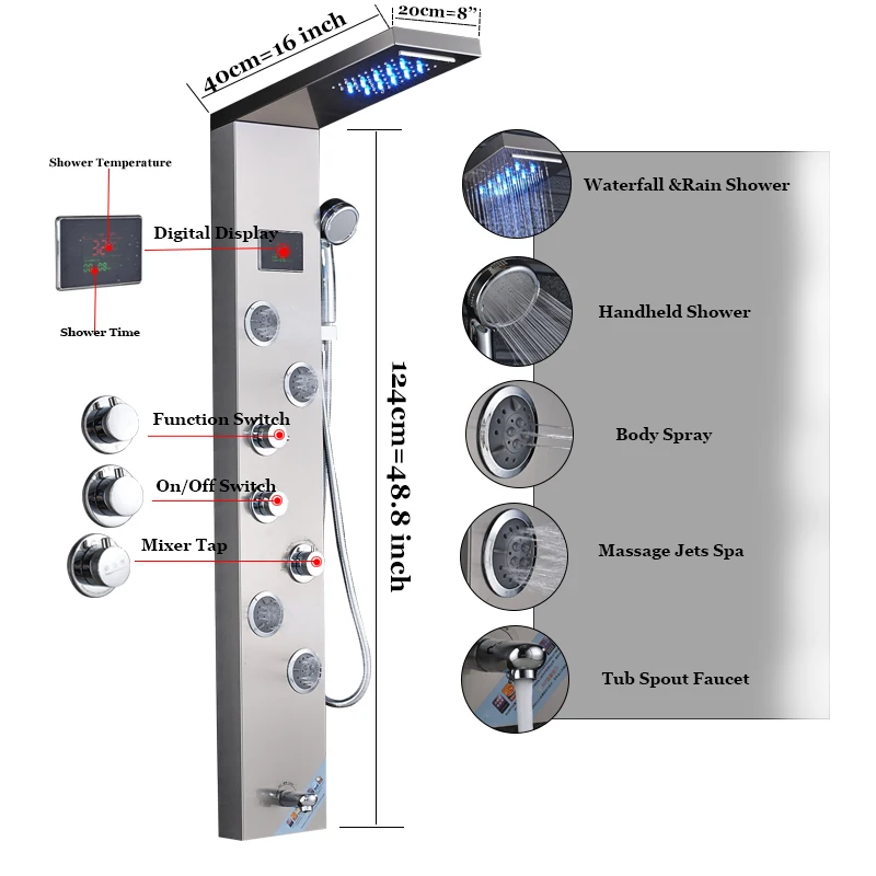 Черный никель светодиодный дождь водопад смеситель для душа набор душевая панель Колонка многофункциональная насадка Массаж Спа струи температурный экран