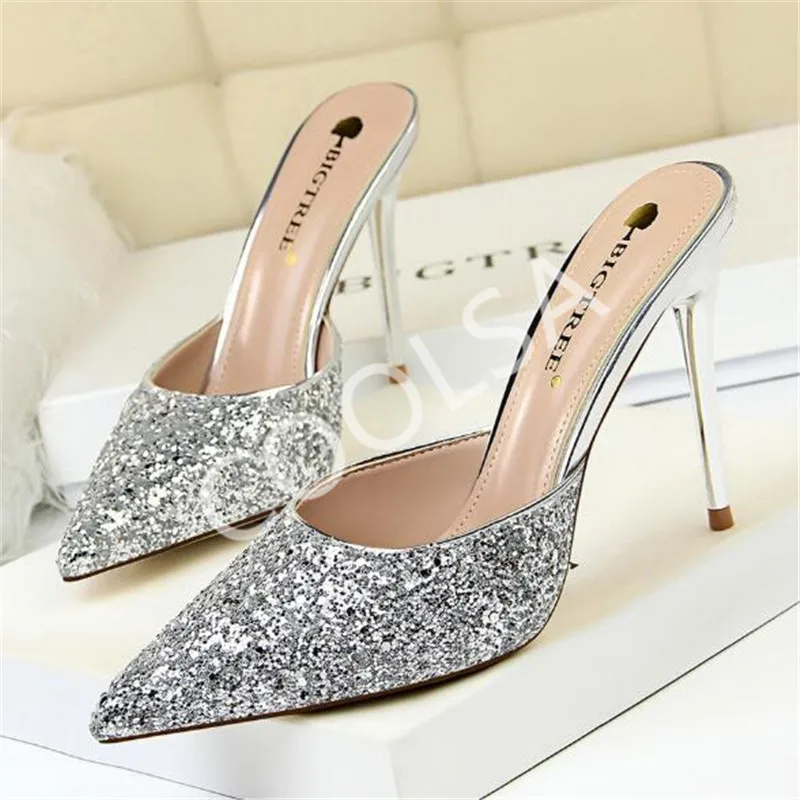 

Women's Summer Pointed High Heel Slippers Fashion Gold Sequins Bling Stiletto Sandals Women Slides Female Flip Flops Home Shoes