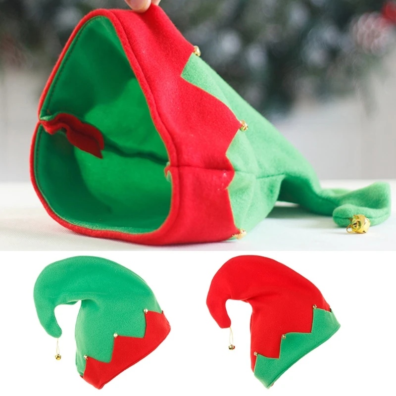 Elf Cap Plush Made with Metal Bell Decoration for Christmas Santa's Helper Hats Caps in Strongly Contrast Colors