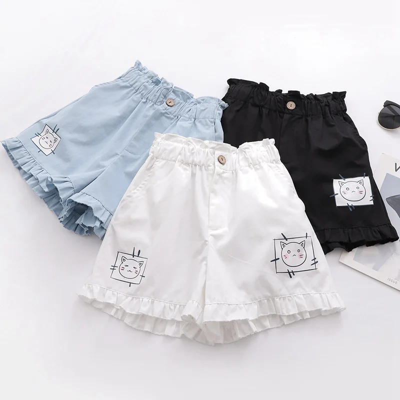 Japanese Kawaii Summer Shorts For Teen Soft Girls Cute Cat Cartoon Print  Women Clothing College Style Vintage Ruffle Short Femme - Shorts -  AliExpress