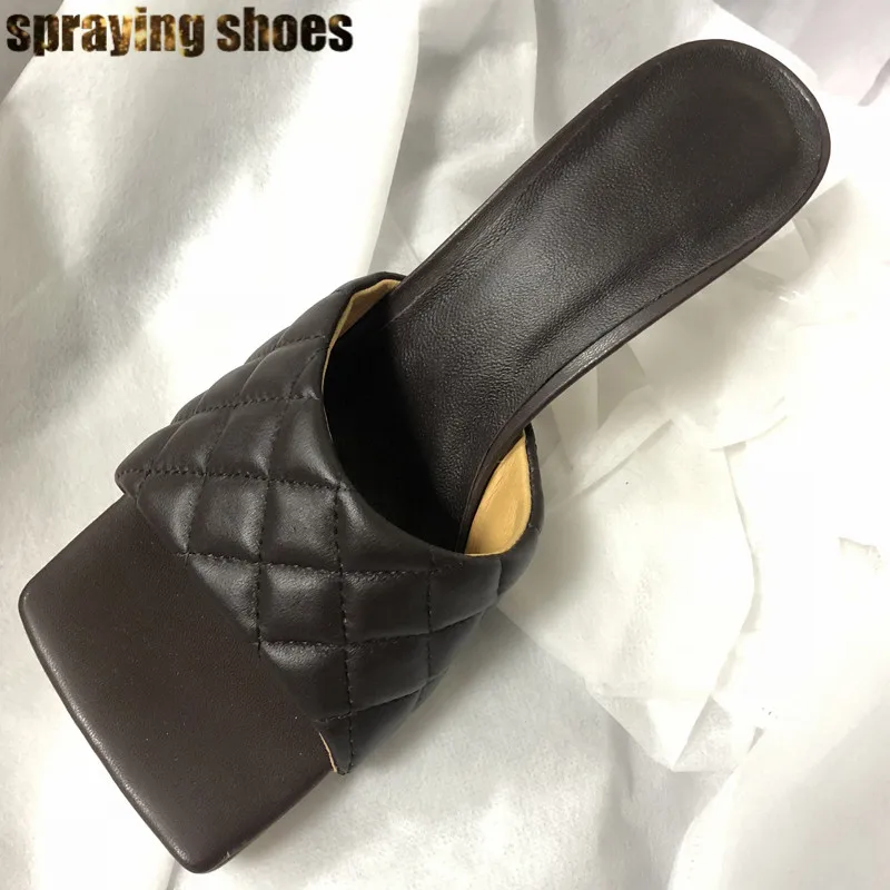 Genuine Leather Стильные женские шлепанцы с квадратным носком; Летние кожаные босоножки; пикантные шлепанцы на высоком каблуке; Женская обувь в римском стиле - Цвет: Genuine Leather