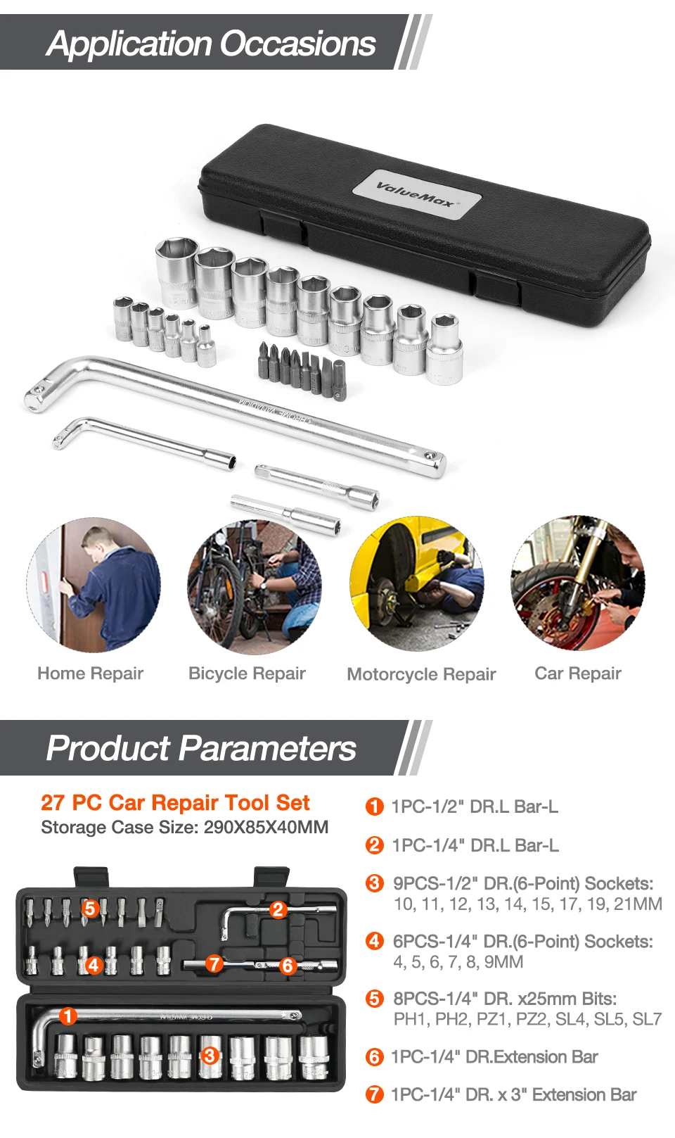 Juego de herramientas de mano ValueMax para reparación de automóviles o para el hogar 27-122 piezas