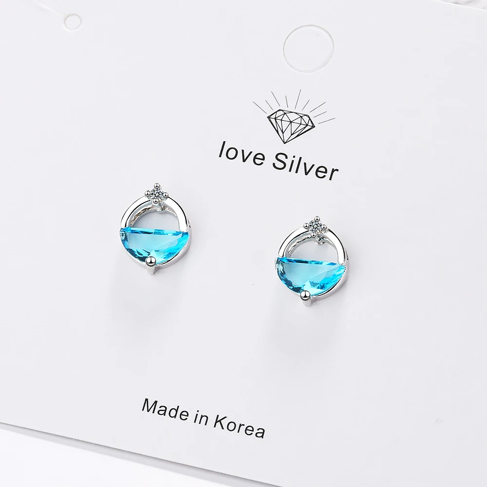 925 Sterling Silver Elegant Round Shape Blue Water Spring Stud Earrings With Shiny Zircon Jewelry For Christmas S-E890 | Украшения и
