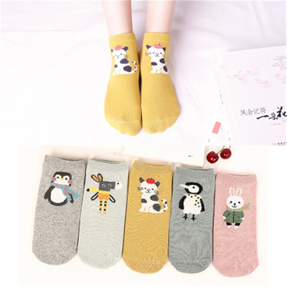 5 пара/лот, милые Хлопковые женские Носки с рисунком кота и животных, каваи, женские носки для девочек, Новые забавные носки