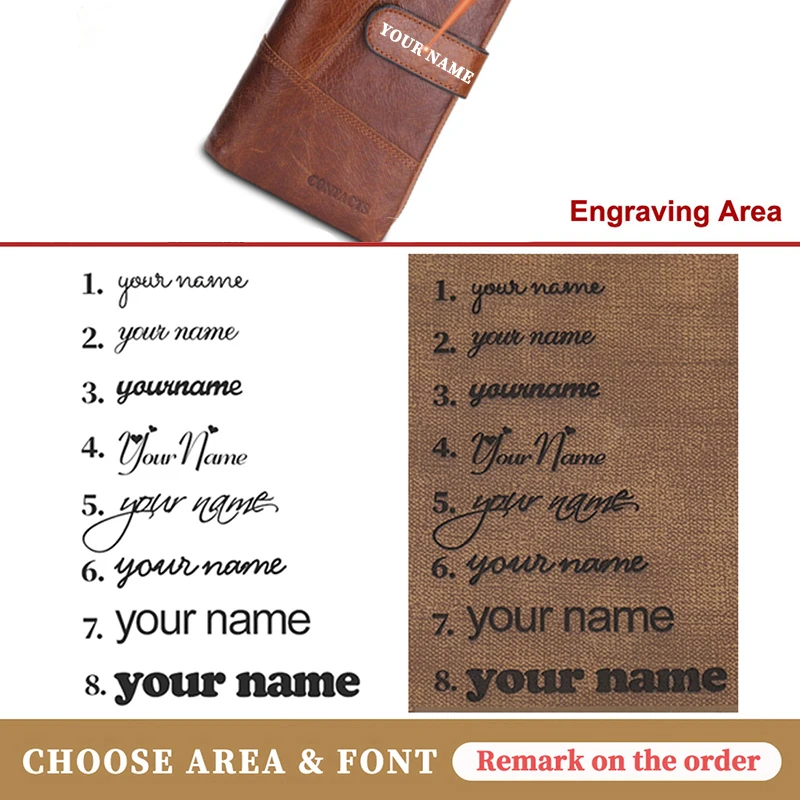 Name Carving Zipper Poucht Genuine Cow Long Leather Wallets Purse Card Holder Vintage Wallet Men with Coin Purse Pocket