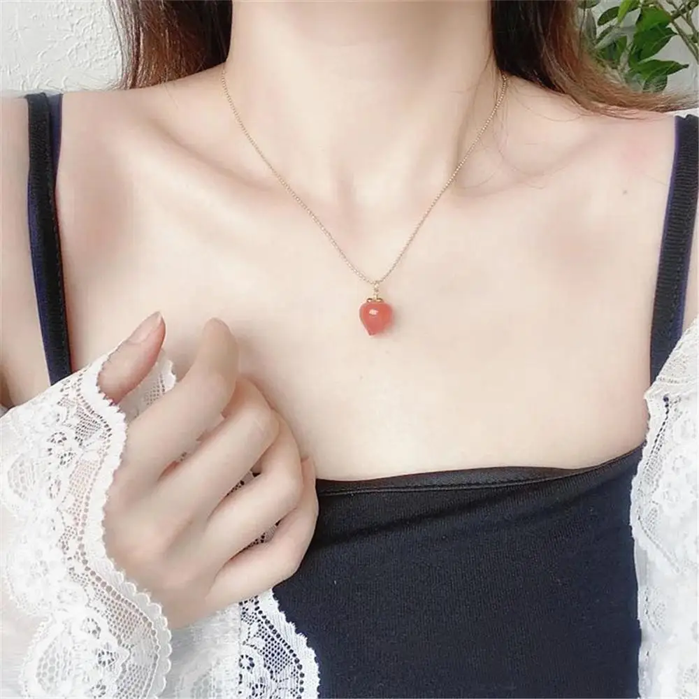 Natural Stone Quartz Red Peach Cherry Pendant Necklace For Woman Metal Chain Plated 14K Gold Necklace Choker Sweet Jewelry Girl