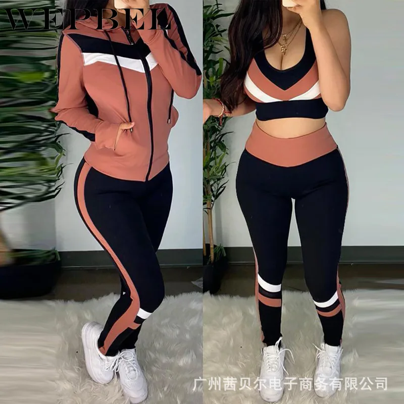 

WEPBEL Women's Three-Piece Sports Suit Autumn Casual Long-Sleeved Hooded Jacket + Short Vest + Elastic High-Waist Pants Suit