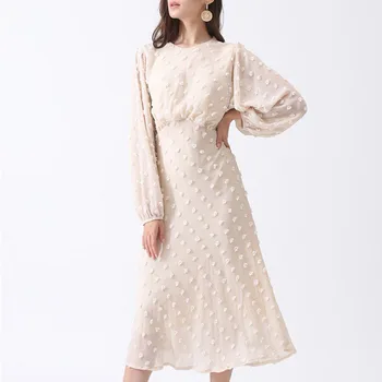 

Spring Autumn Fashion Women Dress Long Sleeve O-Neck High Waist 3D Floral Long Dresses Summer Holiday Party Dresses Women TA0811
