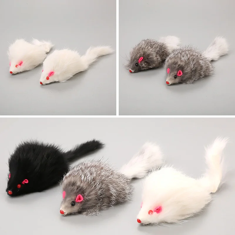 Cute Pet Toys False Mouse Cat Long-haired Tail Mice Mouse Toys Soft Rabbit Fur Furry Plush Cat Toy for Cats Dogs