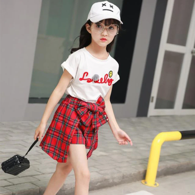 Girls Clothing Set New Fashion Summer Girls Clothing Set Child Clothes Tracksuit Girls Boutique Outfits T-shirt + Plaid Shorts 4 6 7 8 10 12 Years