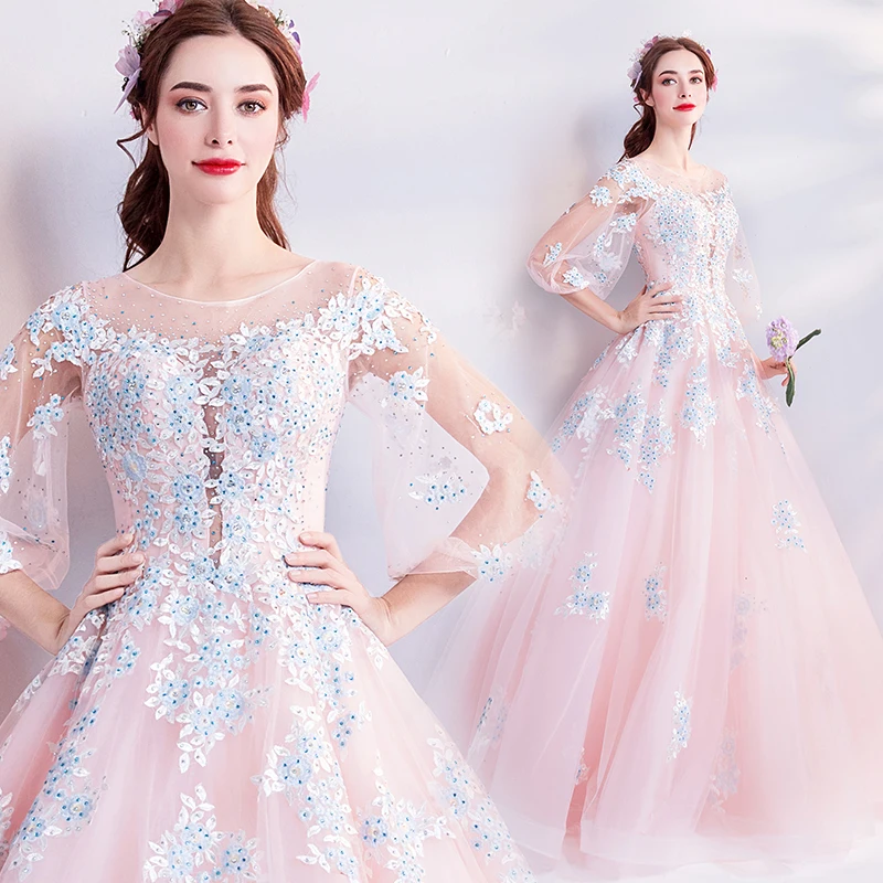 

Pink Prom Dresses Illusion Scoop Neck Lace Appliques Beading A-line Long Vestidos De Graduacion Half Sleeves Evening Gowns