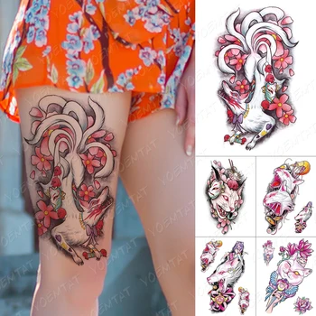 

Waterproof Temporary Tattoo Sticker Nine Tailed Fox Demon Flash Tattoos Pink Anime Harajuku Body Art Arm Fake Tatoo Women Men