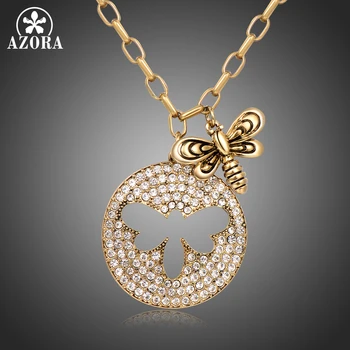

AZORA Feminine Necklace Pendant for Women Double Bee Party Must Have Clear Cubic Zircon Girls Round Pendant Jewelry TN0292