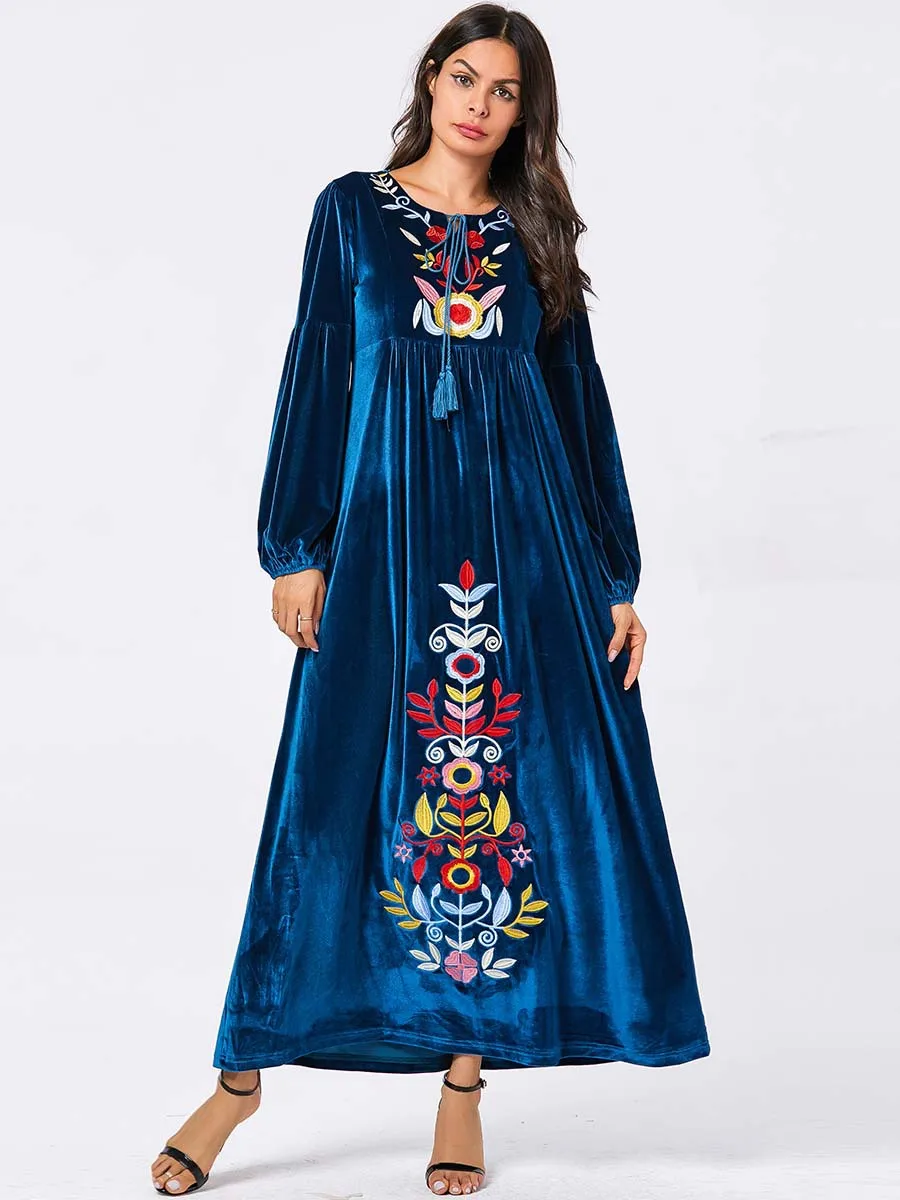 Женская одежда больших размеров, мусульманская одежда, модная бархатная одежда с длинным рукавом и вышивкой, мусульманское платье макси, одежда