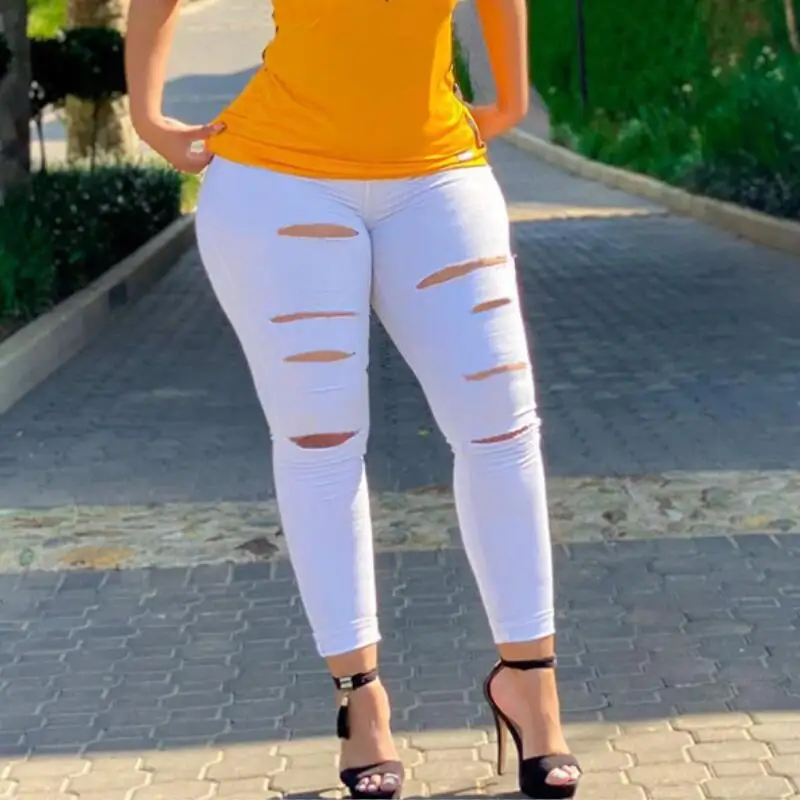 

White Ripped Jeans Women 2021 Sexy Hollow Out Skinny Destroyed Jeans Woman Big Size Fashion Slim High Waist Denim Pencil Pants