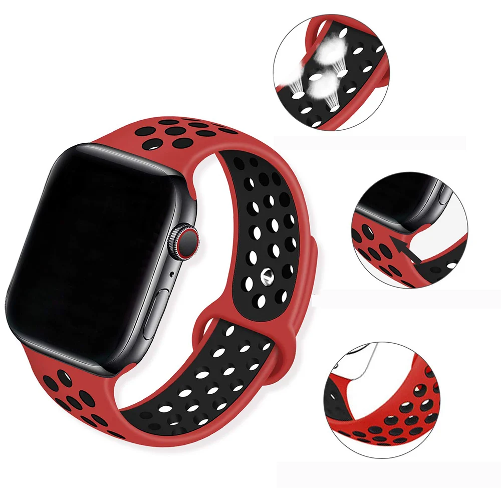Дышащий силиконовый спортивный ремешок для Apple Watch 4, 5, ремешок 44 мм, 40 мм, резиновый ремешок для Iwatch 3, 2, 1, 38 мм, 42 мм, аксессуары